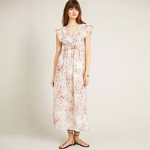 New Munthe Silk Cotton Floral Pleat Maxi Dress Size‎ 10 Ruffle Sleeve Feminine